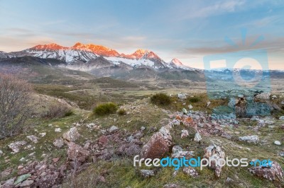 The Snowy Mountains In Winter Stock Photo