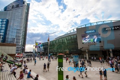 The Soccer Fans In Front Of Ethihad Stadium Stock Photo