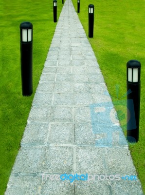 The Stone Block Walk Path With Garden Lamp On Green Grass Background Stock Photo