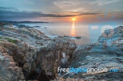 The Sunsets In The Sea Of The Coasts And Beaches Of Galicia And Asturias  Stock Photo