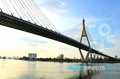 The Suspension Bridge With Beautiful Sky Stock Photo