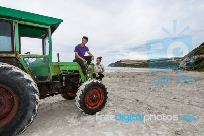 The Tractor On The Cape Bridgewater Stock Photo