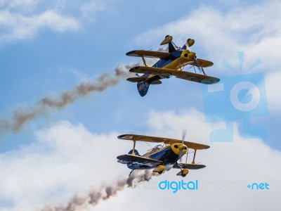 The Trig Aerobatic Team Flying Over Biggin Hill Airport Stock Photo