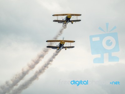 The Trig Aerobatic Team Flying Over Biggin Hill Airport Stock Photo