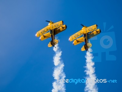 The Trig Aerobatic Team Flying Over Biggin Hill Airport Stock Photo