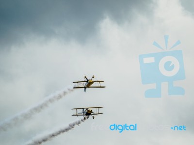 The Trig Aerobatic Team Flying Over Biggin Hill Airport Stock Photo