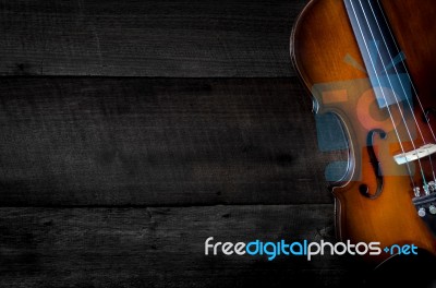 The Violin On The Table, Close Up Of Violin On The Wooden Floor Stock Photo