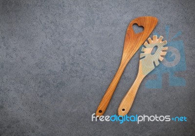 The Wooden Cooking Utensils Border. Wooden Spoons And Wooden Spa… Stock Photo