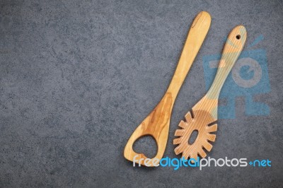 The Wooden Cooking Utensils Border. Wooden Spoons And Wooden Spa… Stock Photo