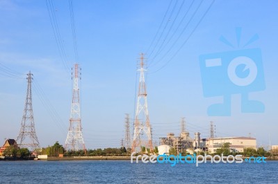 Thermal Power Plant Beside River Side Location Use For Industry Stock Photo