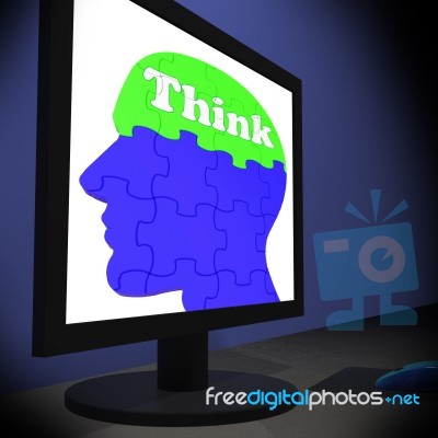 Think On Brain On Monitor Shows Human Solving Stock Image