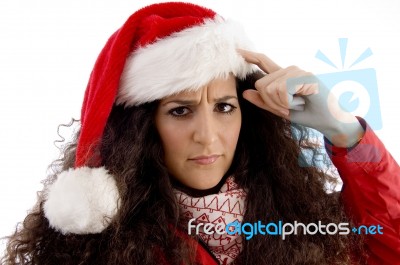 Thinking Lady Wearing Christmas Hat Stock Photo