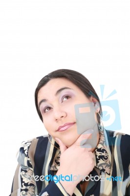 Thinking Woman Looking Up Stock Photo