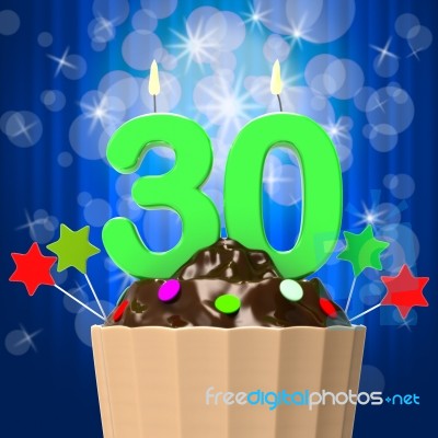 Thirty Candle On Cupcake Shows Sweet Celebration Or Event Stock Image