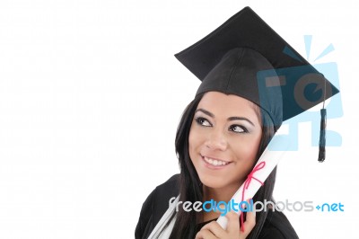 Thoughtful Graduation Woman With Diploma Looking On Copy Space Stock Photo