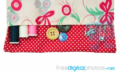 Thread And Button In Sewing Kit Bag Stock Photo