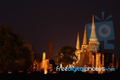 Three Ancient Pagoda Night From Ayuthaya Thailand Stock Photo