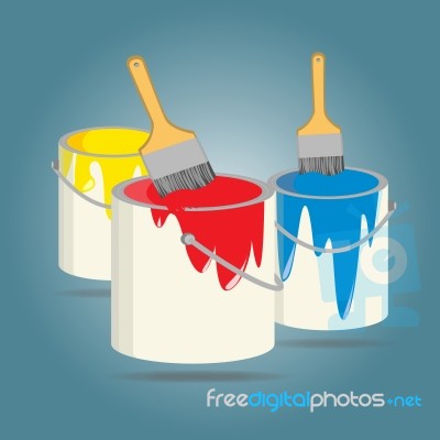 Three Buckets Of Paint  And Paint Brush Stock Image