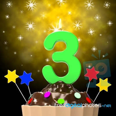 Three Candle On Cupcake Means Decorated Cakes And Candles Stock Image