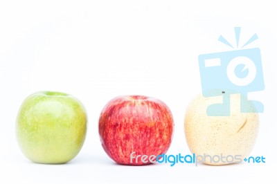 Three Different Kind Of Apples On White Background Stock Photo