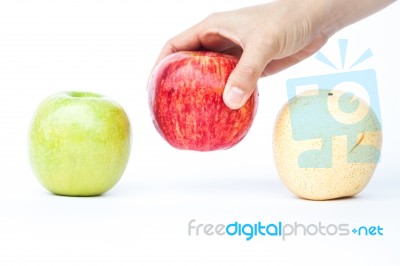 Three Different Kind Of Apples On White Background Stock Photo