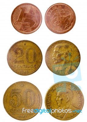 Three Different Old Brazilian Coin Stock Photo