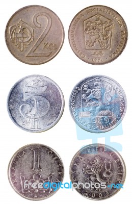 Three Different Old Czech Coins Stock Photo