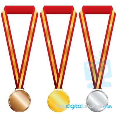 Three Medals On Red Ribbon Stock Image