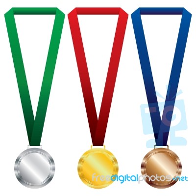 Three Medals Set. Gold, Silver And Bronze On Red Ribbon And Green, Blue Ribbon Stock Image