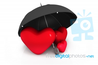 Three  Red Heart Under The Umbrella Stock Image