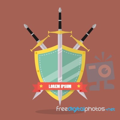 Three Swords And Shield Flat Style Badge Icon Stock Image