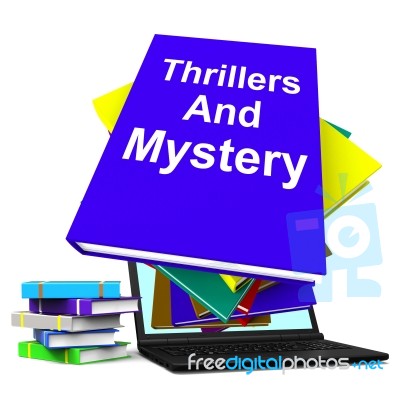 Thrillers And Mystery Book Laptop Shows Genre Fiction Books Stock Image