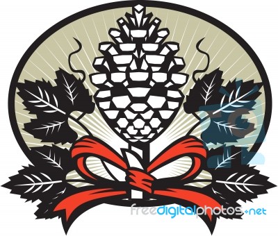 Thyrsus Pine Cone Staff Leaves Oval Retro Stock Image