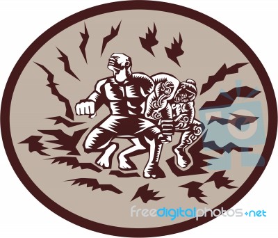 Tiitii Wrestling God Of Earthquake Circle Woodcut Stock Image