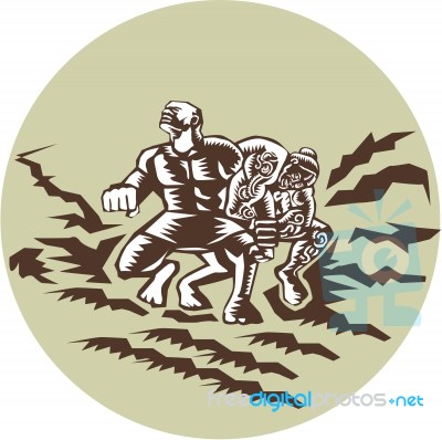 Tiitii Wrestling God Of Earthquake Circle Woodcut Stock Image