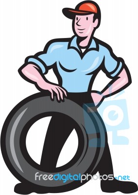 Tireman Mechanic With Tire Cartoon Isolated Stock Image