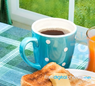 Toast For Breakfast Means Black Coffee And Beverage Stock Photo