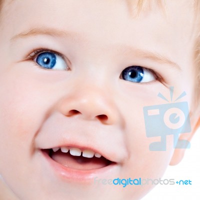 Toddler Blond And Blue Eyes Boy Child With Various Facial Expres… Stock Photo