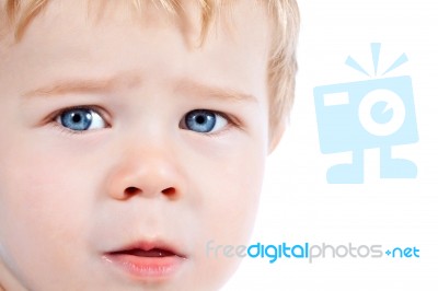 Toddler Blond And Blue Eyes Boy Child With Various Facial Expres… Stock Photo