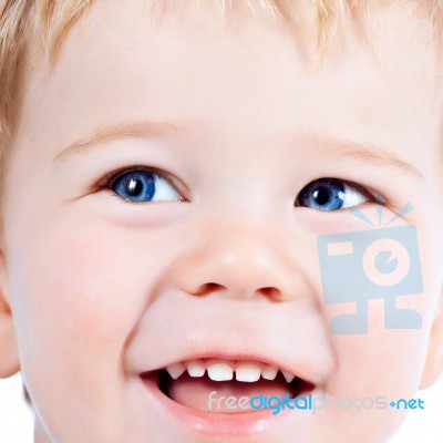 Toddler Blond And Blue Eyes Boy Child With Various Facial Expres… Stock Photo