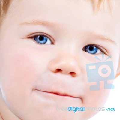 Toddler Blond And Blue Eyes Boy Child With Various Facial Expres… Stock Photo