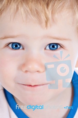 Toddler Blond And Blue Eyes Boy Child With Various Facial Expres… Stock Photo