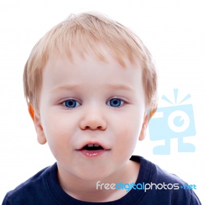 Toddler Blond And Blue Eyes Boy Child With Various Facial Expres… Stock Photo