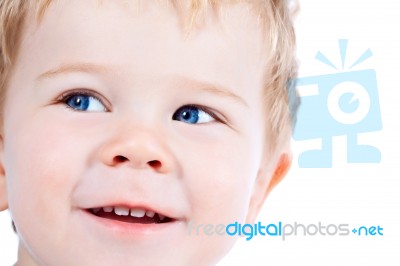 Toddler Blond And Blue Eyes Boy Child With Various Facial Expres… Stock Photo