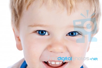 Toddler Blond And Blue Eyes Boy Child With Various Facial Expres… Stock Photo