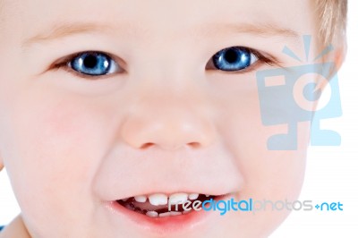 Toddler Blond And Blue Eyes Boy Child With Various Facial Expres… Stock Photo