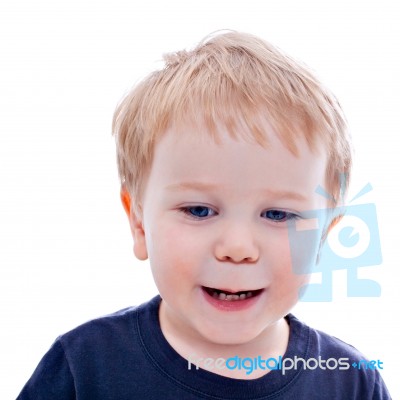 Toddler Blond And Blue Eyes Boy Child With Various Facial Expres… Stock Photo