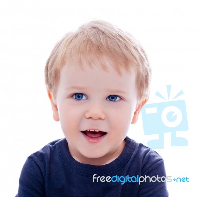 Toddler Blond And Blue Eyes Boy Child With Various Facial Expres… Stock Photo