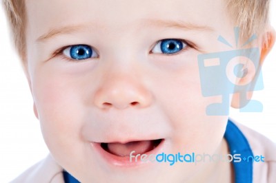 Toddler Blond And Blue Eyes Boy Child With Various Facial Expres… Stock Photo