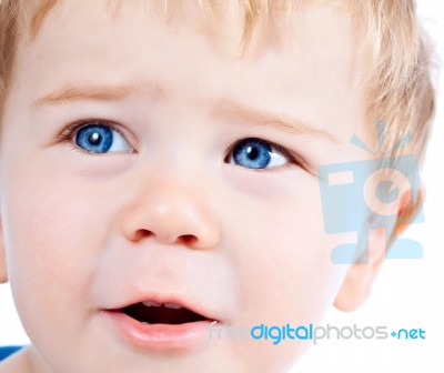 Toddler Blond And Blue Eyes Boy Child With Various Facial Expres… Stock Photo